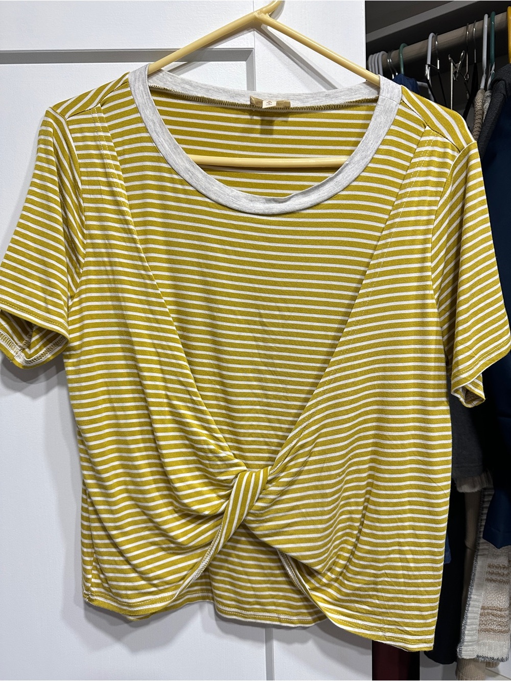 Hem & Thread Yellow and White Striped Knot-Front Crop Top
